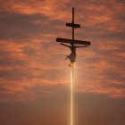 Futuristic spaceship landing on barren planet under orange sky