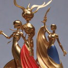 Golden statues with sleek design and dynamic poses, center figure in split red and blue cape.