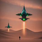 Futuristic spaceships above desert at sunset with lone figure.