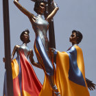 Futuristic figures in metallic suits and capes under clear sky