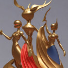 Stylized golden figures in dynamic poses on tan background