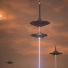 Four UFOs Emitting Light Beams Descend in Twilight Sky