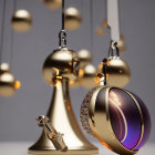 Golden Baubles and Bells on Grey Background with Colorful Interior