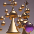 Golden Bells and Spheres on Chains Against Creamy Background