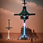 Surreal desert scene with skeleton, bizarre structures, and glowing blue entity