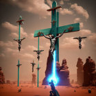 Dystopian landscape with robotic figures on crosses in red sky