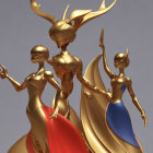 Golden humanoid figures in red and blue capes on gray background