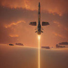 Futuristic aircraft in cloudy orange sky with bright beam.