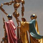 Shiny robots with capes under dusky sky, one holding spear, others conversing