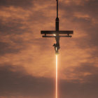 Rocket descending with fiery exhaust in cloudy sunset sky.