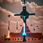 Surreal desert landscape with sword-shaped spaceships under red sky