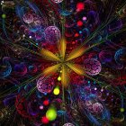 Colorful digital artwork with central explosion and abstract designs