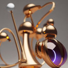 Golden futuristic sculpture with spheres, rings, and bell-shaped element in purple light