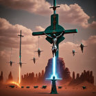 Surreal desert scene with glowing humanoid figures on crosses