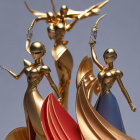 Stylized female figures in gold and blue with flowing capes and dramatic poses