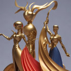 Golden Female Figures in Dynamic Poses with Elegant Capes on Tan Background