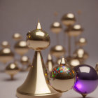 Futuristic golden and purple chess set on neutral background