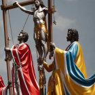 Religious statues of Jesus Christ crucifixion with two others under cloudy sky