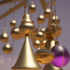 Golden geometric shapes and spheres with reflections, purple-tinted orb on muted background