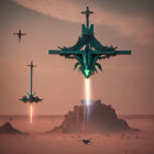 Futuristic aircraft hovering over desert hill with central ship beam