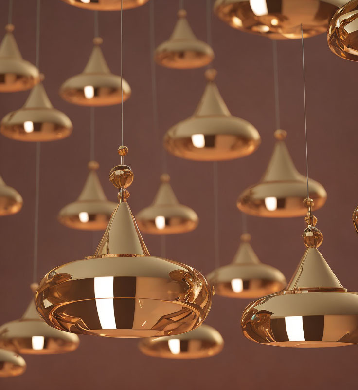 Contemporary Room with Gold Pendant Lights on Brown Background