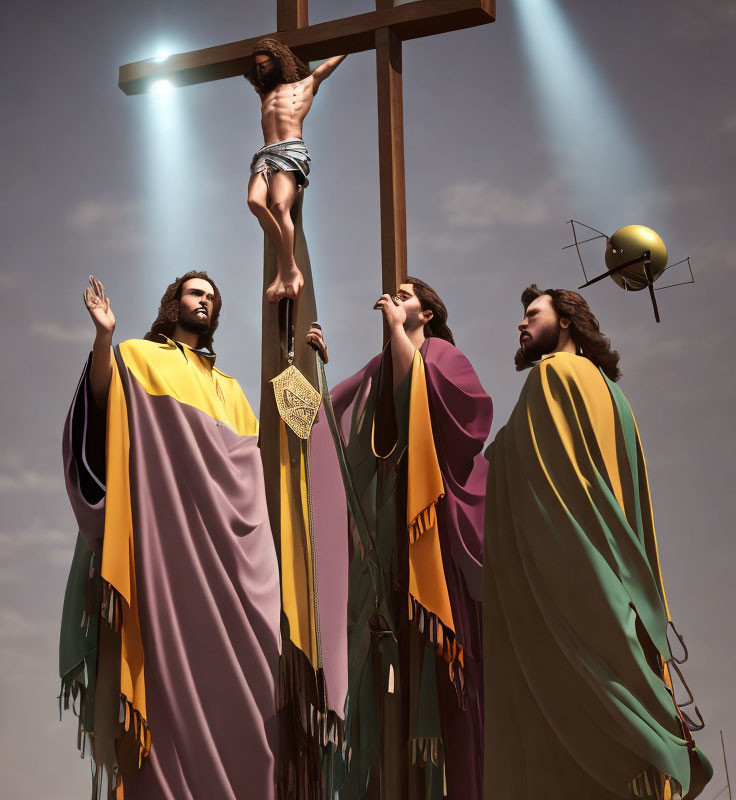 Digital image of crucifixion scene with robed figures and golden object under cloudy sky