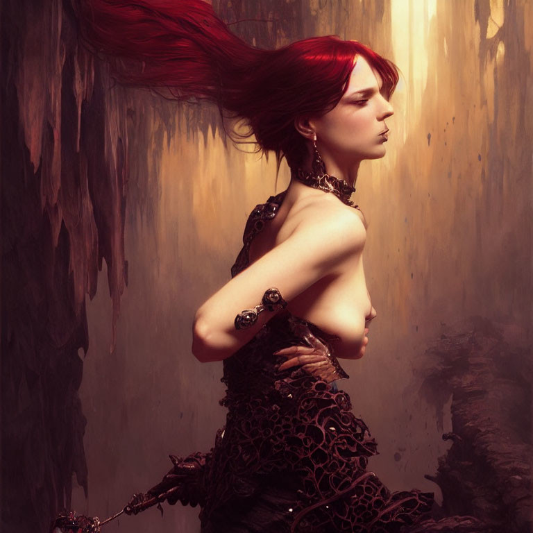 Red-haired woman in dark, intricate dress exudes fantasy ambiance