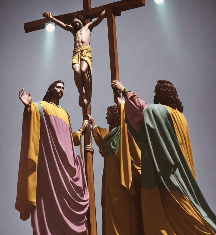 Religious statues of Jesus crucifixion under clear sky