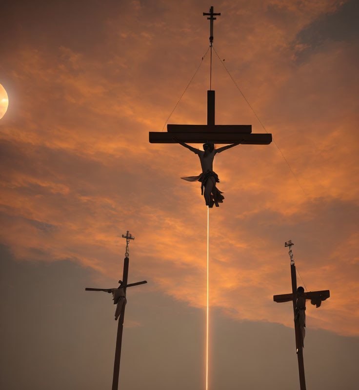 Religious crosses under orange sky with figure and light beams