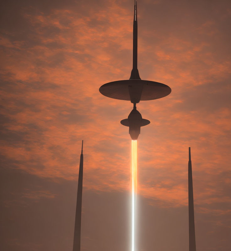 Spacecraft beaming light in cloudy orange sky with tall spires