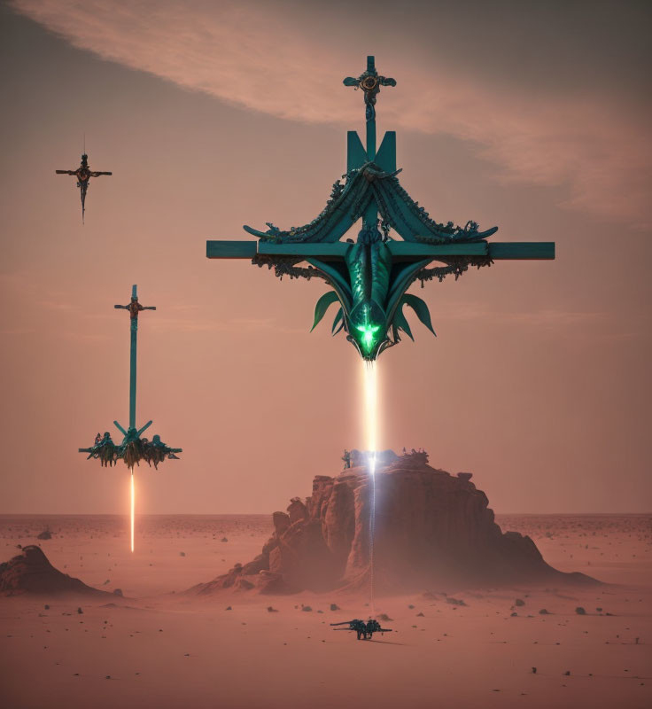 Futuristic dragon-like drones around illuminated desert structure