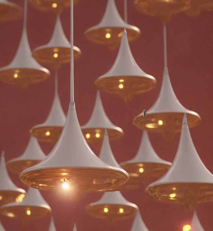 White and Gold Pendant Lights Emitting Warm Glow on Red Background