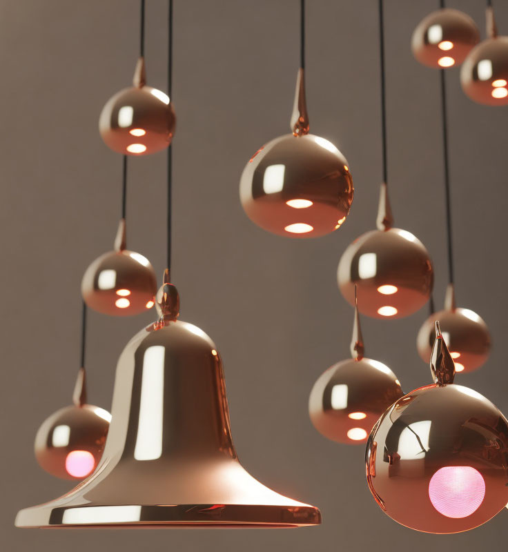 Spherical and bell-shaped copper pendant lights on muted background