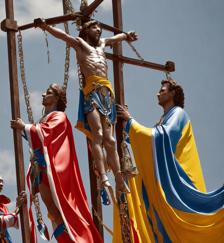 Religious procession depicting crucifixion scene with Roman soldiers under blue sky