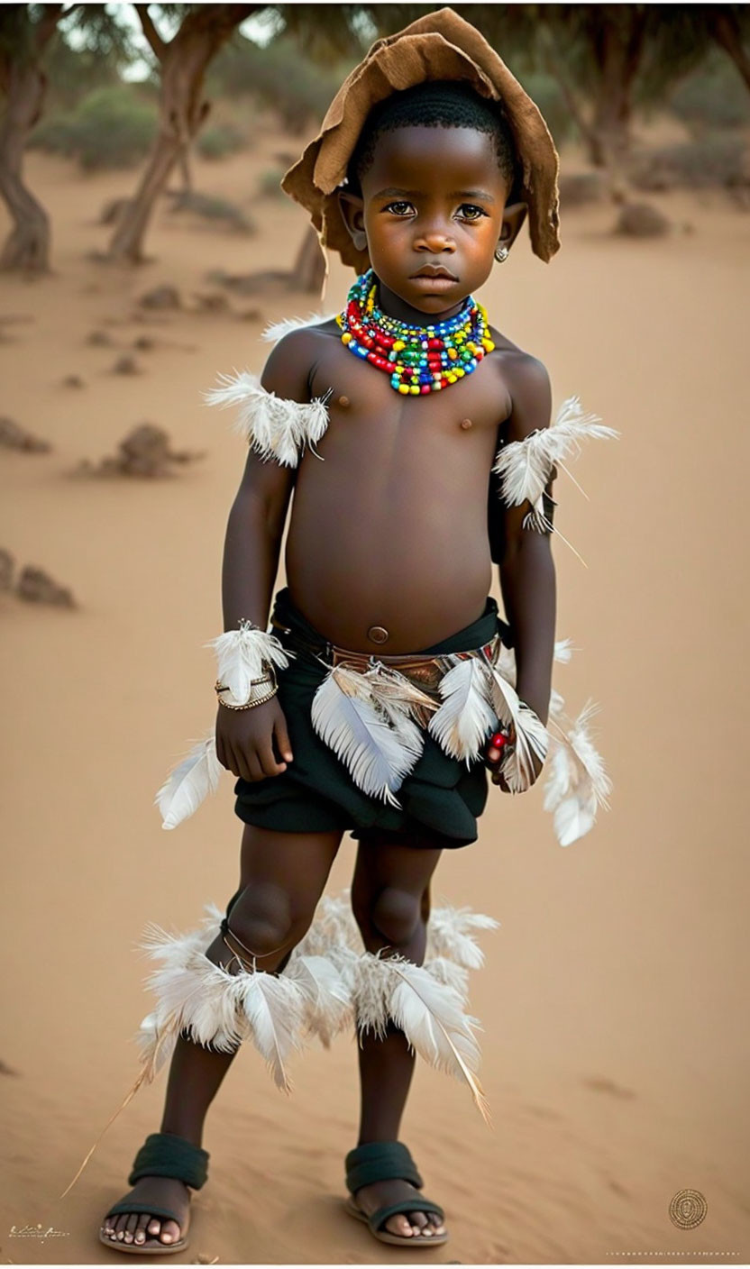 Child in traditional attire with beads and feathers in sandy area