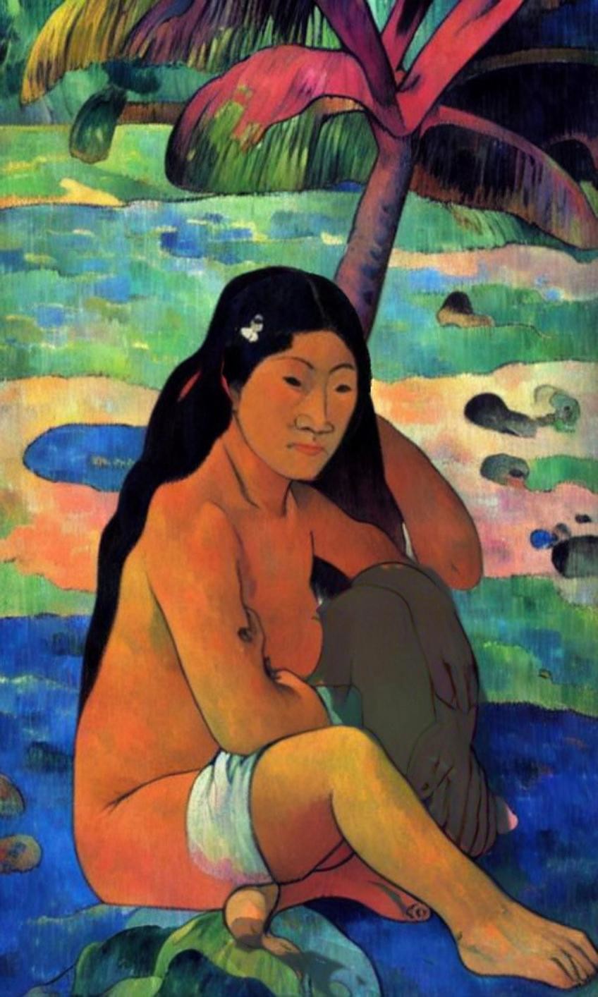 Tahitian woman bathing .