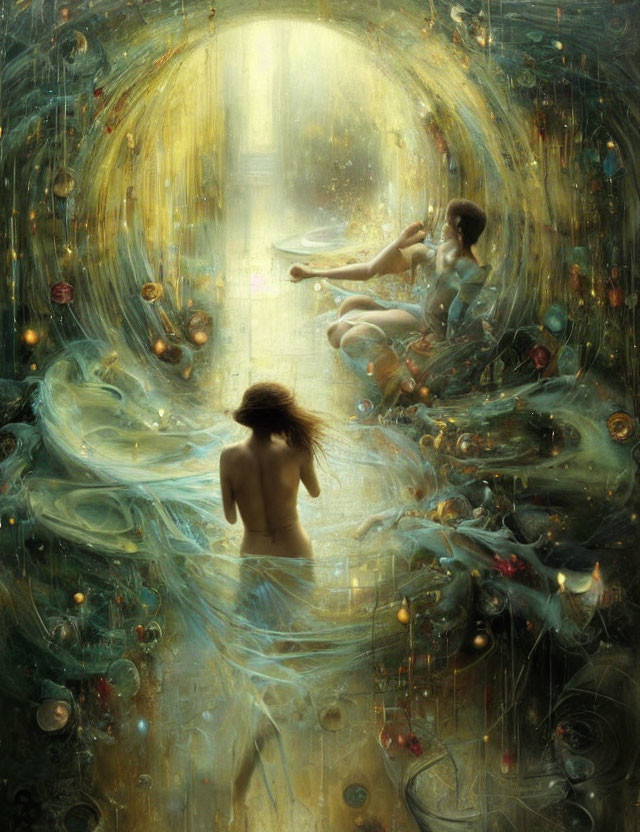 Fantastical scene with glowing doorway and ethereal figures