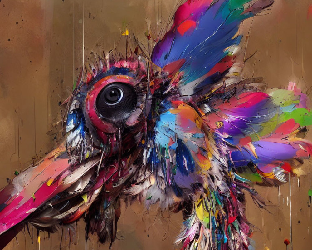 Vibrant abstract bird painting with eye, beak, and dynamic splashes