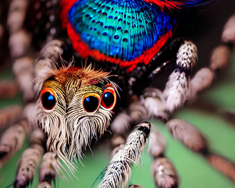 Colorful Illustrated Jumping Spider with Detailed Eyes on Green Surface