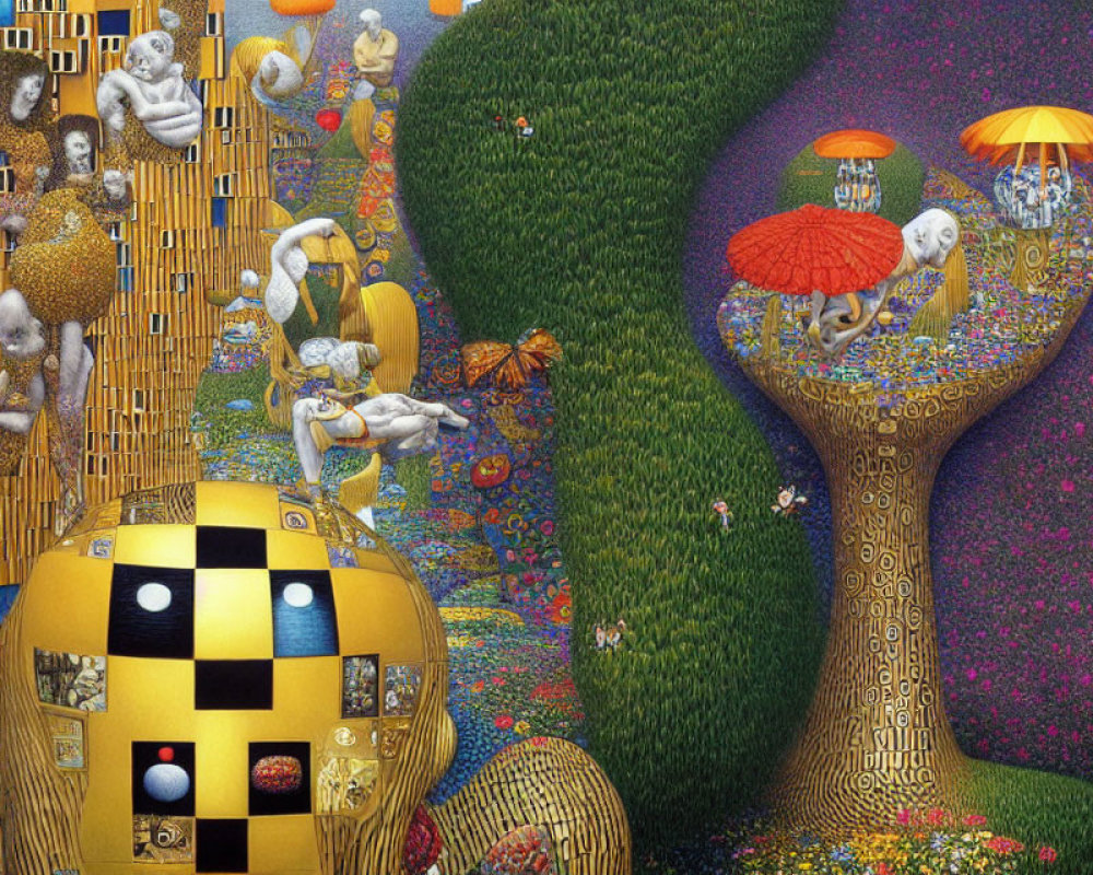 Surreal artwork: golden trees, checkerboard spheres, floating human-like figures