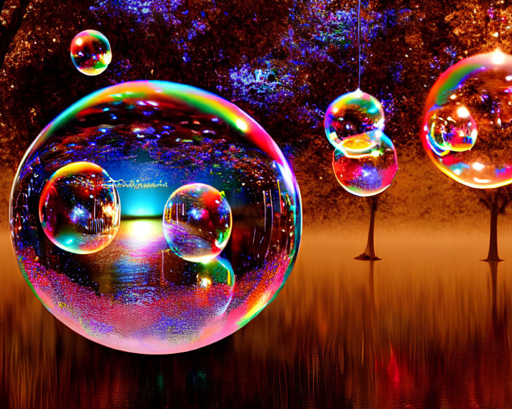 Colorful soap bubbles on mirrored surface with autumn trees and twinkling lights