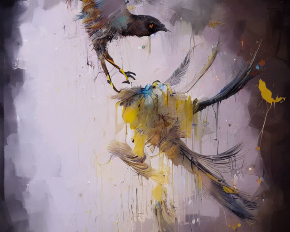 Colorful abstract painting of birds on dark background