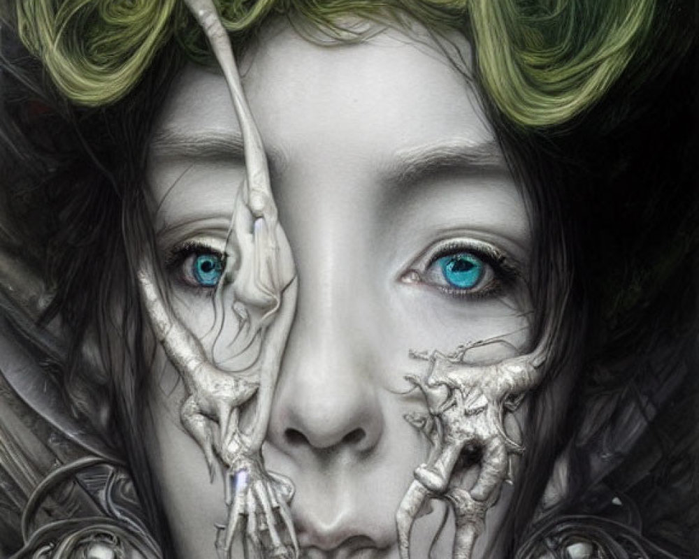 Surreal portrait: person with blue eyes, metallic shoulder pieces, skeletal hands