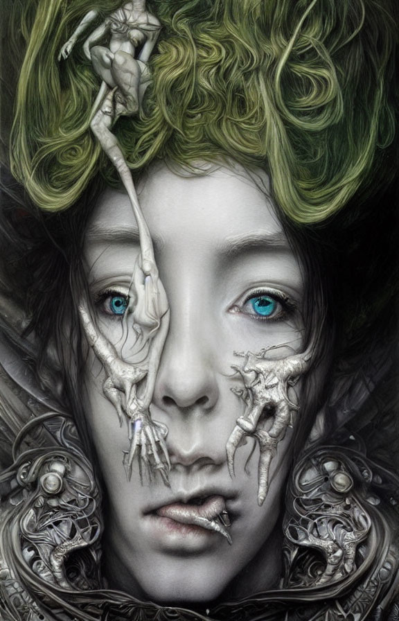 Surreal portrait: person with blue eyes, metallic shoulder pieces, skeletal hands