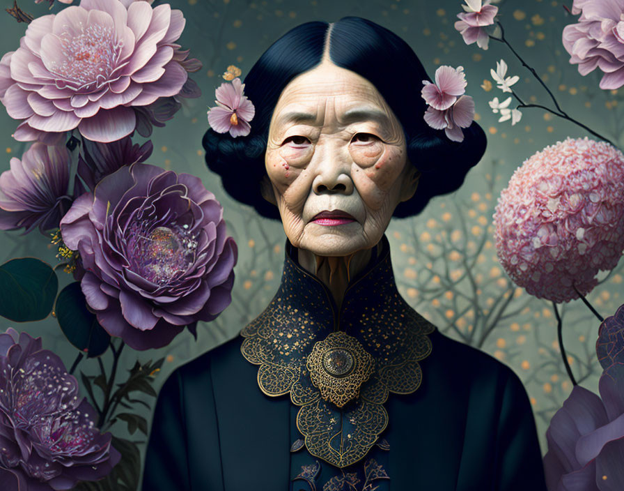 Elderly woman in traditional attire with white hair amid floral patterns