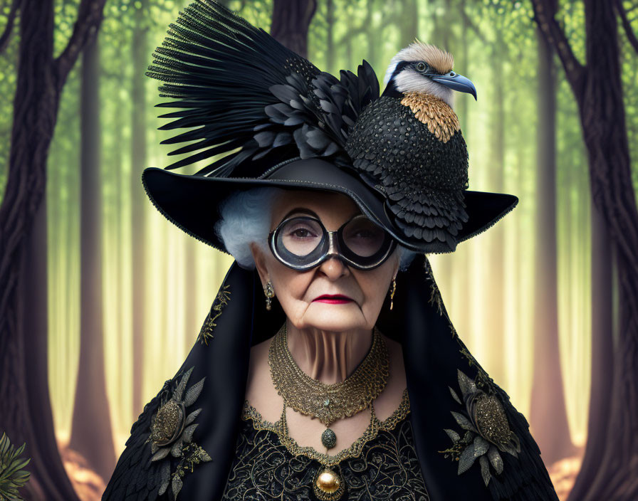 Elderly Woman in Black Hat with Feathers and Bird, Glasses, Necklace in Forest