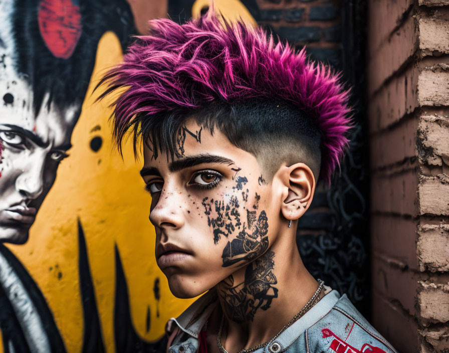 Young person with spiky pink hair and facial tattoos in front of graffiti