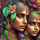 Digital Artwork: Two Women with Jewelry and Henna Designs in Floral Setting