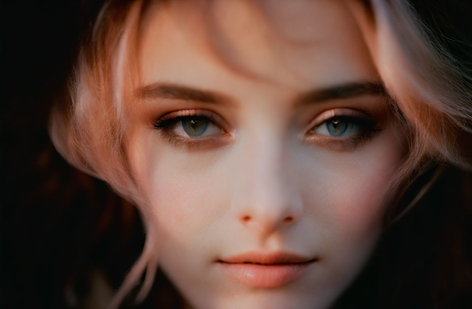 Intense-eyed woman with fair skin and light hair in close-up portrait.