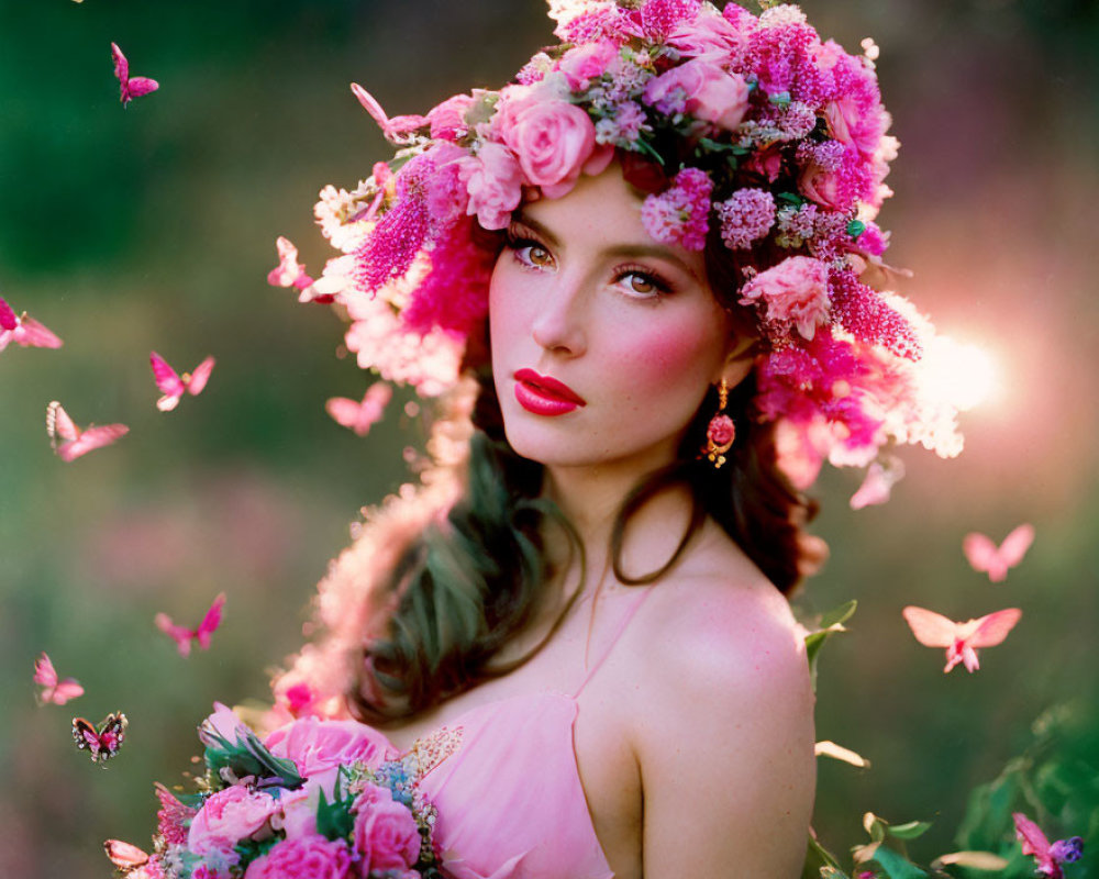 Woman with Floral Headdress and Butterflies in Natural Setting